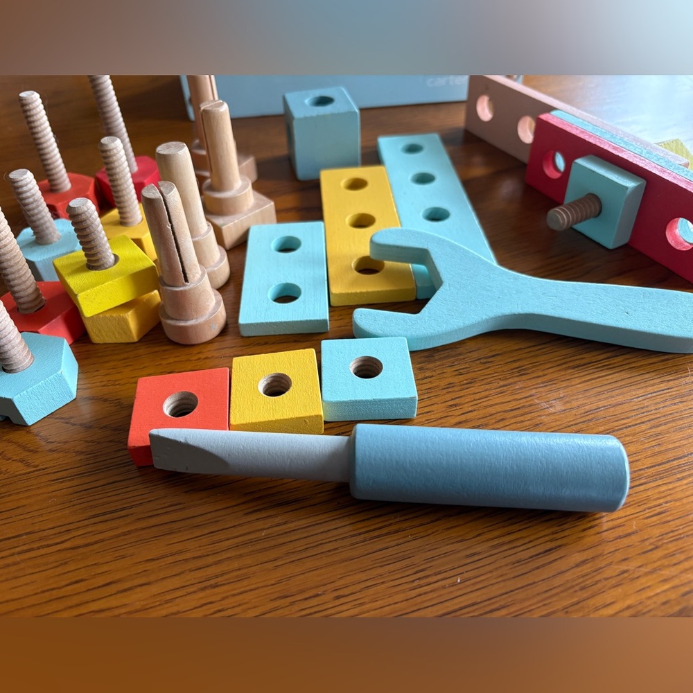 Carter's Wooden Tool Box with tools, nuts and bolts
